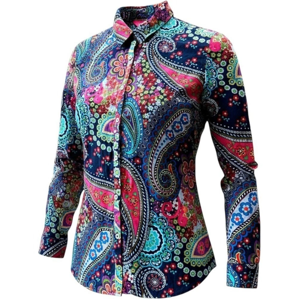 Vintage Pappagallo Shirt Womens Large Cotton Paisley Floral Button Down Boho